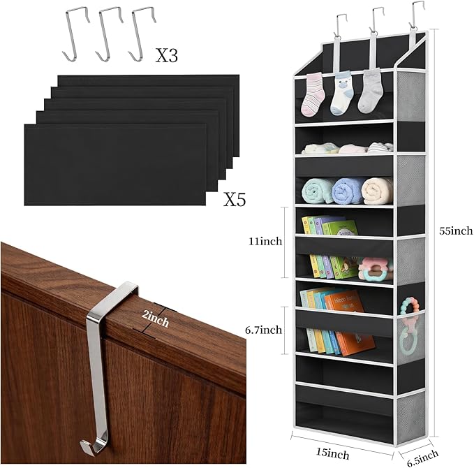 Over the Door Organizer, 5 Large Pockets Hanging Storage with Clear Windows, 10 Mesh Side Pockets, Holds Up to 44 lbs, Behind Door Organizer for Toys, Clothes, Nursery, Closet, Dorm, Black