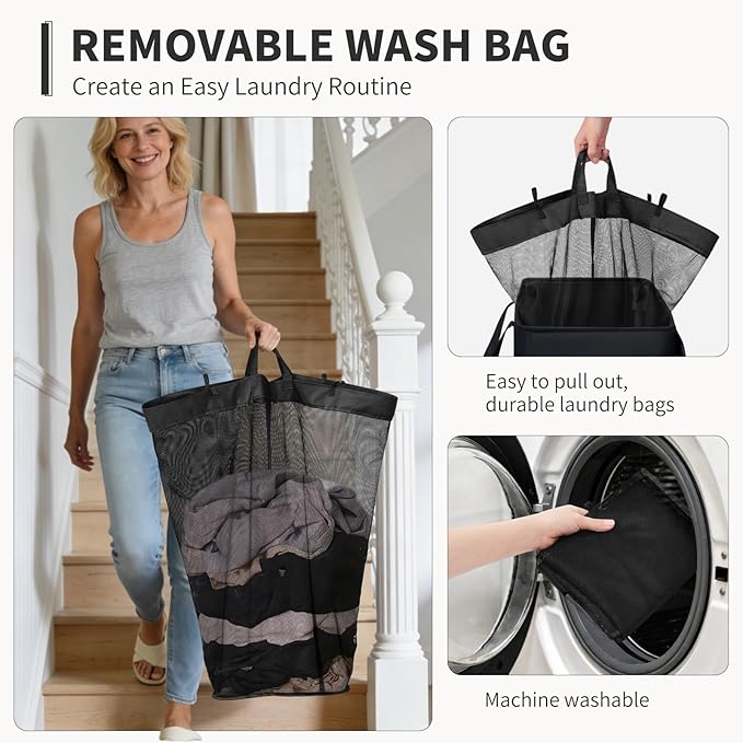 Goodpick Black Laundry Basket with Wheels and Lid, 75L Rolling Laundry Hamper for Dorm Bathroom, Large Tall Dirty Clothes Hamper with Removable Wash Bag, 16.5" x 12.5" x 27.5"
