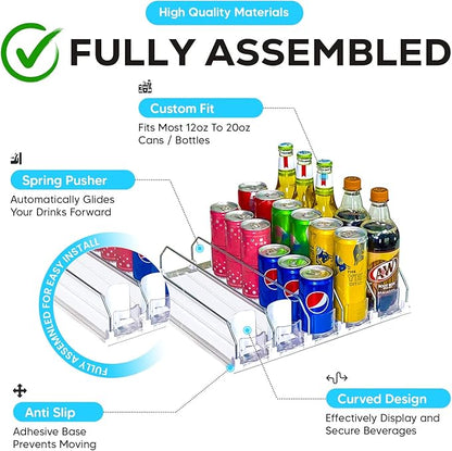 Fully Assembled Drink Beverage Fridge Organizer, Automatic Self-Pusher Glide, Adjustable Width, Soda Can Water Beer Bottle Beverage, 12oz to 20oz, Home Kitchen, Commercial Refrigerator (White)