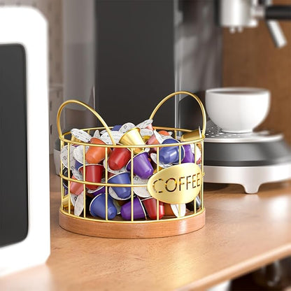 Coffee Pod Holder, Rustic K Cup Holder Organizer for Counter, Coffee Pods Storage Organizer for Coffee Bar Accessories Decor(Gold-02)