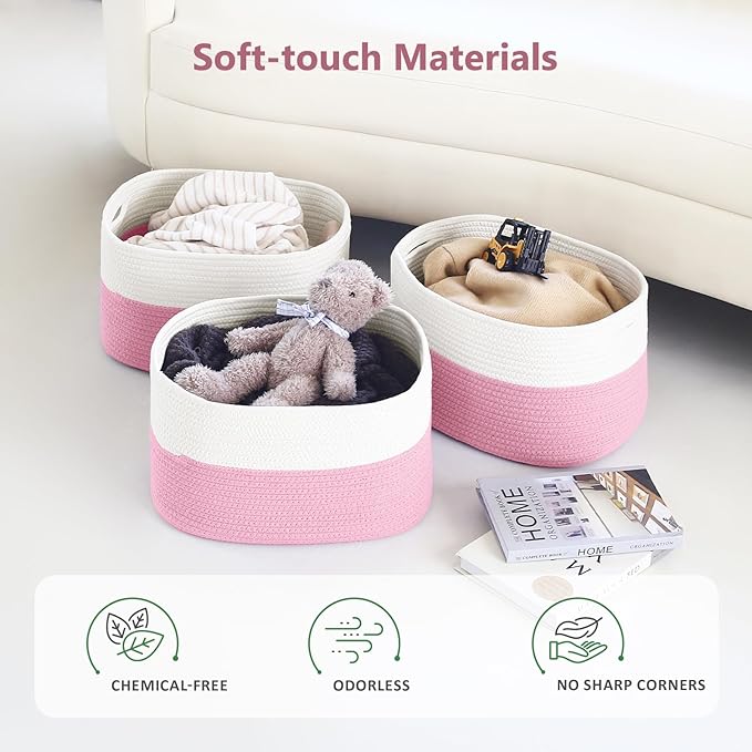 ECDYQXVU Cotton Rope Shelf Storage Basket, 15x10x9 in, Shelf Storage Baskets for Clothes, Towels, Books, Laundry (White/ Pink, 2 Pack)
