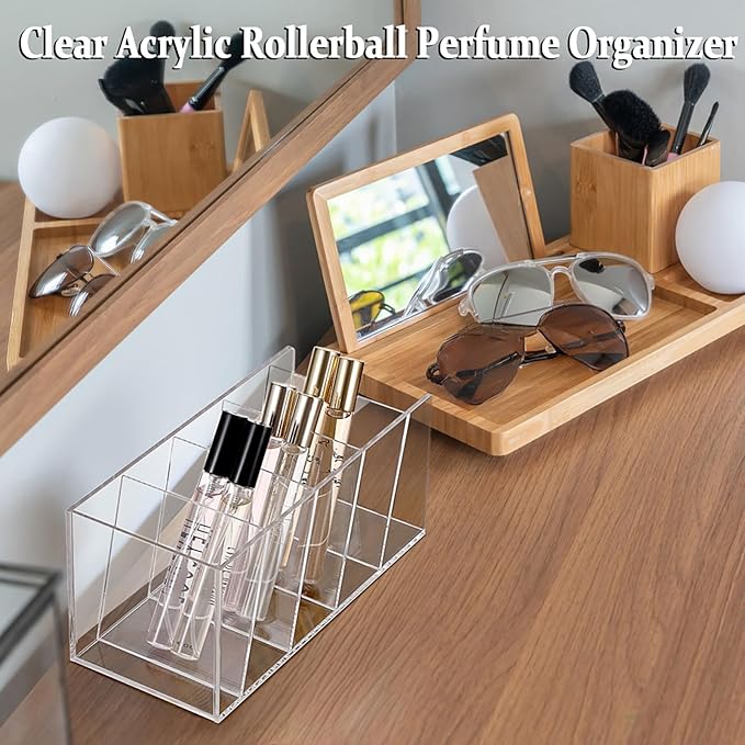 ELLDOO Rollerball Perfume Organizer, 5 Compartment Clear Acrylic Perfume Storage Holder Vintage Beauty Scent Holder, Makeup Lipgloss Lipstick Display Case