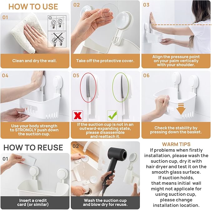 LEVERLOC Shower Caddy Suction Cup Set Shower Organizer & Soap Holder & Toothbrush Holder, Bathroom Shelf Basket NO-Drilling, Removable Suction Storage Waterproof Bathroom Caddy, White