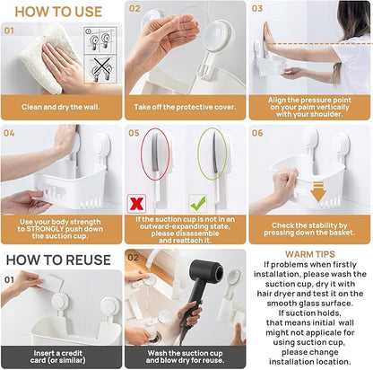 LEVERLOC Shower Caddy Suction Cup Set Shower Organizer & Soap Holder & Toothbrush Holder, Bathroom Shelf Basket NO-Drilling, Removable Suction Storage Waterproof Bathroom Caddy, White