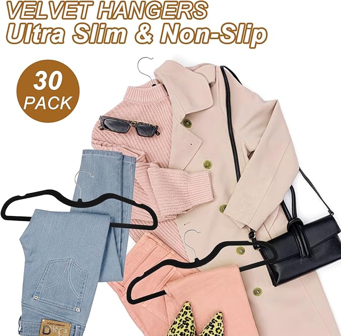 Pants Hangers Non Slip, 30 Pack Velvet Hangers for Closet with 30 Hooks, Strong Durable Slimline Space Saving Pants Hanger, Space Saving Flocked Hangaers for Pants, Shirts, Bra, Shorts (Black-M-shape)