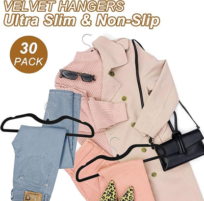 Pants Hangers Non Slip, 30 Pack Velvet Hangers for Closet with 30 Hooks, Strong Durable Slimline Space Saving Pants Hanger, Space Saving Flocked Hangaers for Pants, Shirts, Bra, Shorts (Black-M-shape)