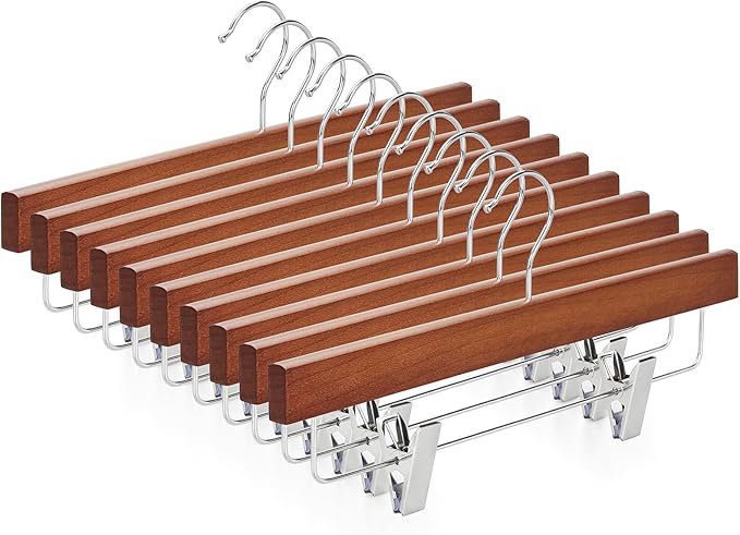 TOPIA HANGER Lotus Wood Pants Hangers, Walnut Wooden Skirt Short Jeans Trouser Hanger with Smooth Surface 360° Swivel Hook Anti Rust 2 Adjustable Clips, 10 Pack CT10PWA