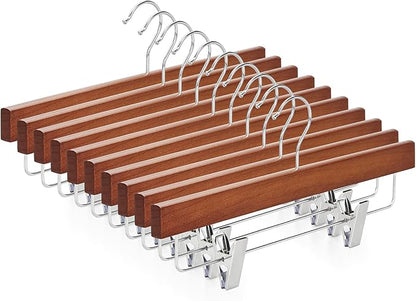 TOPIA HANGER Lotus Wood Pants Hangers, Walnut Wooden Skirt Short Jeans Trouser Hanger with Smooth Surface 360° Swivel Hook Anti Rust 2 Adjustable Clips, 10 Pack CT10PWA