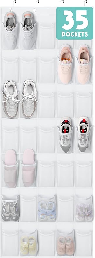 Tiblue Over The Door Shoe Organizer 35 Mesh Pockets Hanging Shoe Organizer Shoe Rack For Door Closet Entryway Bedroom Pantry Organizer - Shoe Holder Hanger For Sneakers, Women High Heeled Shoes White