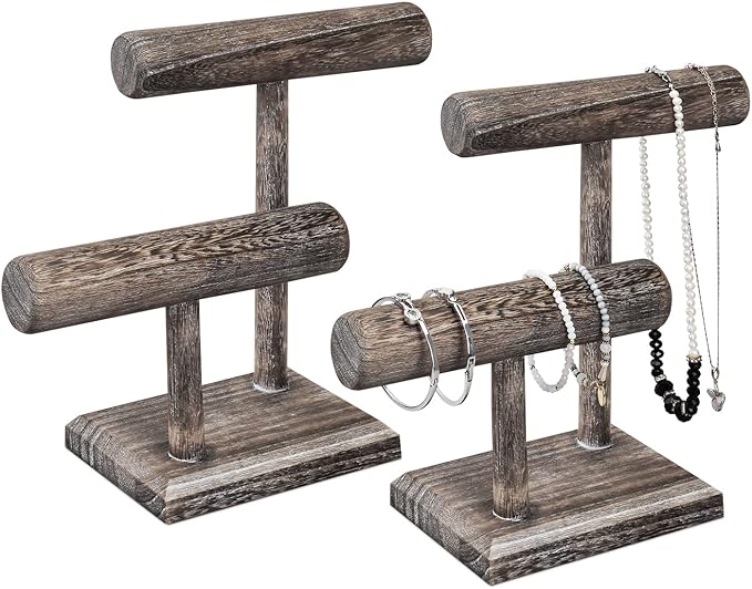 MOOCA 2 Pcs 2- Tier Space Saving Wooden Bracelet Holder Stand, Bracelet Display Stand For Selling, Watch Display, Free assembly, Coffee Color