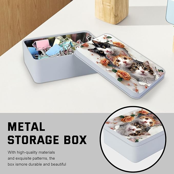 Metal Tin Box with Lid for Game Cards Home Organizer Candles Keys Crafts Storage - Comes with 4 Magnetic Cord Clips，Cute Cats and Roses