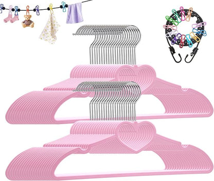 Plastic Hangers 50 Pack, Cute Clothes Hanger Ultra Thin Space Saving - Pink Clothes Hangers with 360 Degree Swivel Hook & Travel Clothesline - Sturdy Adult Coat Hangers for Dress, Shirts, Coats