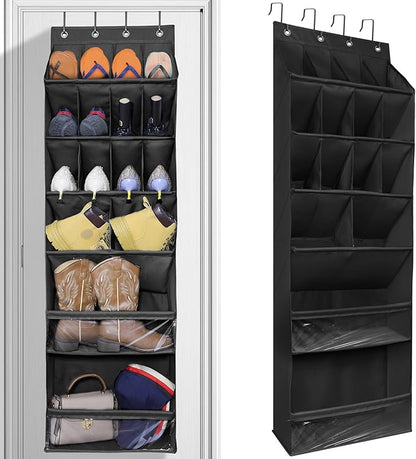 Over The Door Shoe Organizer with Large Deep Pockets - Multifunction Shoe Holder for Narrow Door Hanging - Black 16 Pockets