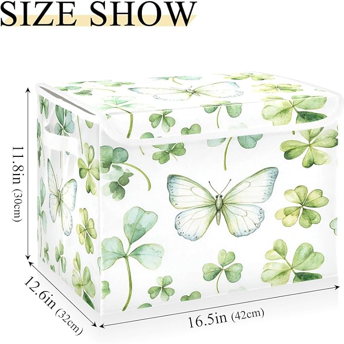 senya St. Patrick's Day Baskets Collapsible Storage Bins with Lids, Green Watercolor Butterfly Clover Storage Boxes Clothes Baskets for Organizing