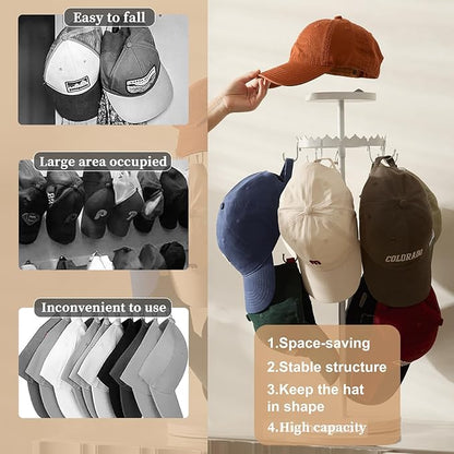 Rotating Hat Organizer for Baseball Caps, 3-Tier Merchandise Display & Tabletop Hat Organizer with Tray Holds 40+ Caps,Hat Stand for Vendor & Home Use in Bedroom, Closet, Dresser, Office
