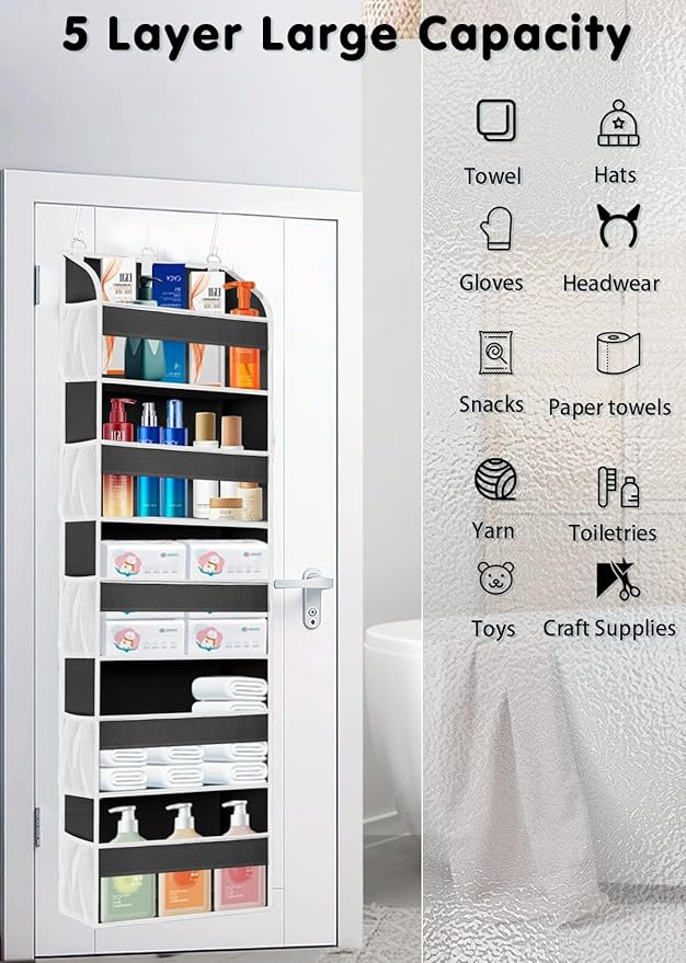 TAHAVICE 1 Pack Over the Door Organizer Storage, Hanging Organizer Closet with 5 Large Pockets 10 Mesh Pockets, 44 lbs Weight Capacity, Behind Door Storage for Nursery Bedroom Bathroom (Dark Grey)