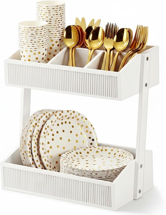 Novabright 2 Tier Paper Plate Dispenser for Kitchen Counter, Paper Plate Organizer, Rustic Wooden Utensil Holder for Party Countertop Cutlery Flatware Storage Rack for Napkin Cup Spoon Fork(White)