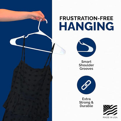 Plastic Hangers 50 Pack, Strong Space Saving Clothes Hanger, Made in USA, Perfect Shirt or Coat Plastic Hanger, with Shoulder Grooves, White, Notched
