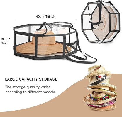 Clear Hat Organizer, Clear Hat Boxes for Women Storage, Dual Zipper and Handles, Foldable Travel Hat Storage, 16" D x 7" H, 2 Pack-Black