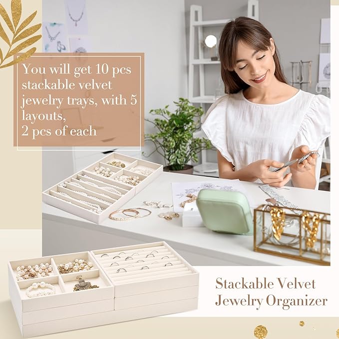 Cinnvoice Set of 10 Stackable Jewelry Organizer Trays for Drawer 14 Inch Velvet Jewelry Drawer Insert Display Storage with Removable Divider for Necklace Earring Ring Watch Bracelet (Beige)
