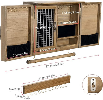 ikkle Wooden Jewelry Organizer Wall Mounted, Hanging Jewelry Holder with Removable Bracelet Rod and Hooks for Necklaces Earrings Bracelets Rings, Brown