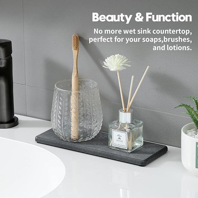 Razborci 2PCS Bathroom Trays, Water Absorbing Diatomite Stone Quick Drying Mat for Kitchen Counter, Dish Rack Soap Dispenser Sponge Holder Caddy Sink Vanity Organizer, Dark Gray Slate,9"x3.5"