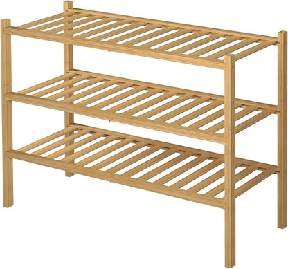 ROMGUAR CRAFT 3 Tier Bamboo Shoe Rack for Closet Free Standing Wood Shoe Shelf Storage Organizer for Entryway Small Space Stackable 27"x11"x20" (Natural)