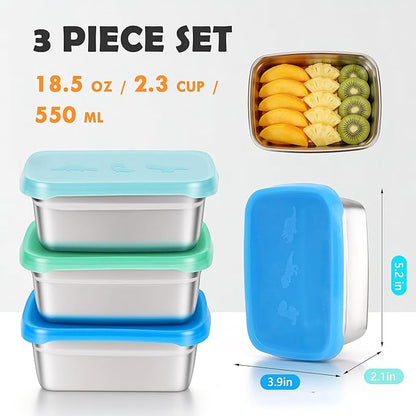 Tanjiae 3-Pack Stainless Steel Snack Containers - 550ml (18oz) Leakproof Colorful Lids with Cute Dinosaurs | LFGB Certified, Stackable Metal Lunch Box for Home, Picnic, Travel