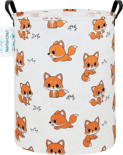 Laundry Basket Canvas Fabric Collapsible Organizer Basket for Storage Bin Toy Bins Gift Baskets Bedroom Clothes Children Nursery Hamper (Round Fox)