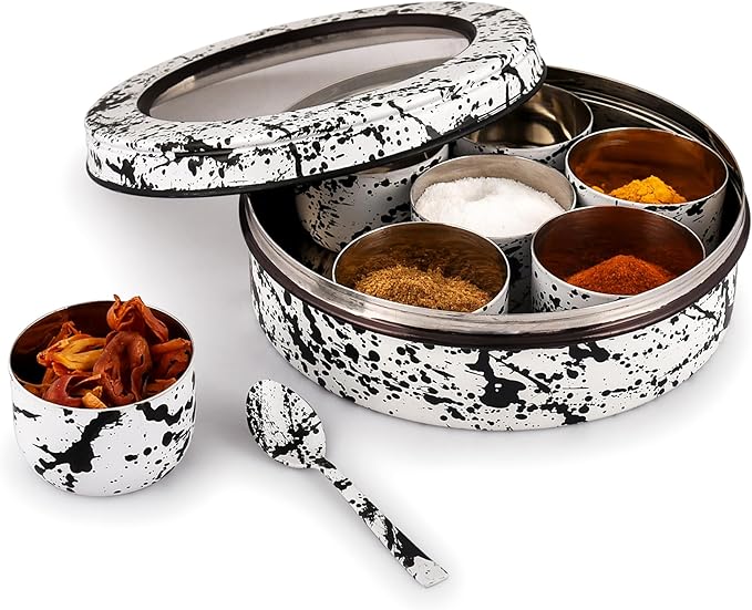 Elan Splatterful Collection Spice Box, Masala Box for Kitchen, Stainless Steel 7 Compartment Multipurpose Air-Tight See Through Round Spice Box/Popula Dabba with Spoon (Black & White, 1500 ml)