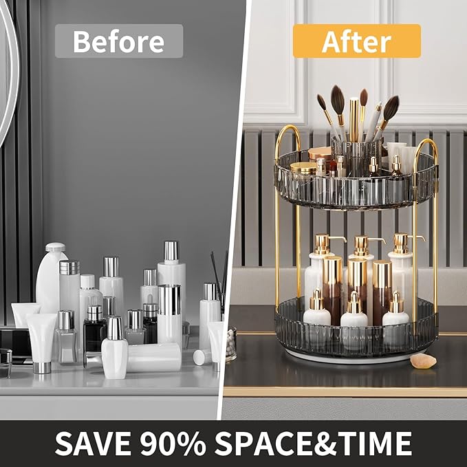 360° Rotating Makeup Organizer, Large-Capacity Skincare Make Up Storage 2 Tier Perfume Organizers Cosmetic Dresser Organizer with Makeup Brush Holder, Fits Bedroom, Bathroom, Vanity Shelf Countertop