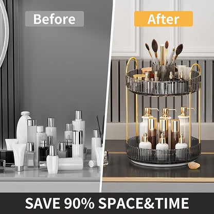 360° Rotating Makeup Organizer, Large-Capacity Skincare Make Up Storage 2 Tier Perfume Organizers Cosmetic Dresser Organizer with Makeup Brush Holder, Fits Bedroom, Bathroom, Vanity Shelf Countertop