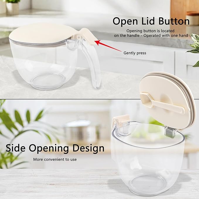 Salt and Pepper Spice Cellar, Clear Storage Container for Coffee, Sugar, Spices and Candies, With Sealing Press Cover and Built-inMagnetic Attraction Spoon,15 oz (White)