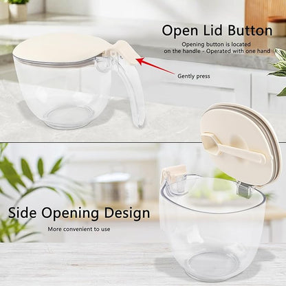 Salt and Pepper Spice Cellar, Clear Storage Container for Coffee, Sugar, Spices and Candies, With Sealing Press Cover and Built-inMagnetic Attraction Spoon,15 oz (White)