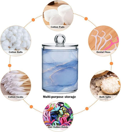 2 Pack Qtip Holder Dispenser Blue Marble Ink Modern Fluid Art (2) Bathroom Storage Canister Lid 10 oz Acrylic Plastic Apothecary Jar Set Vanity Makeup Organizer for Cotton Swab/Ball/Round Pads, Floss