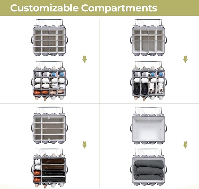 Shoe Organizer for Closet, Fits up to 24 Pairs, Fabric Shoe Box Storage Containers with Adjustable Dividers and Clear Cover, Grey, 2 Pack