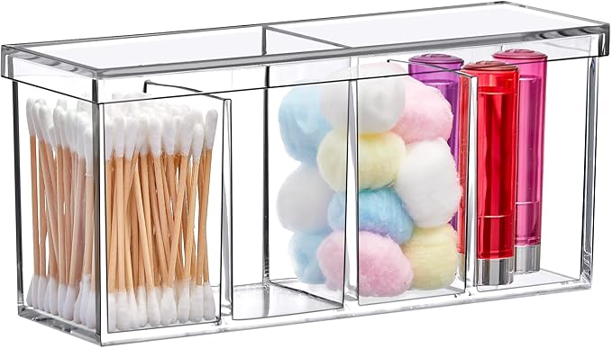 Amazing Abby - Qutie - Acrylic 4-Compartment Makeup Organizer with Lid, Clear Plastic Bathroom Vanity Organizer, Great for Cotton Balls, Cotton Swabs, Makeup Sponges, Lipsticks, and More