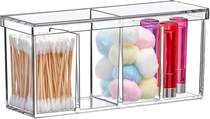 Amazing Abby - Qutie - Acrylic 4-Compartment Makeup Organizer with Lid, Clear Plastic Bathroom Vanity Organizer, Great for Cotton Balls, Cotton Swabs, Makeup Sponges, Lipsticks, and More