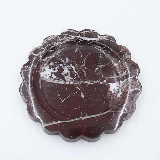 Round Marble Decorative Tray with Scalloped Edge, Luxury Natural Stone Bathroom Vanity Tray, Dresser Top Perfume Coffee Home Kitchen Sink Tray, Key Trinket Ring