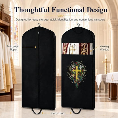 Clergy Robe Garment Bag, Black Vestment Cover for Hanging Clothes, Deacon Preacher Travel Storage Bag (Black, 60 Inch)