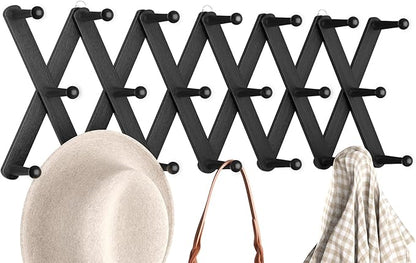 Accordion Wall Hanger, Hat Rack for Wall with 20 Coat Hooks, Expandable Hat Hangers Organizer, Vintage Decorative Coat Rack Wall Mount for Purse, Mug(Black)
