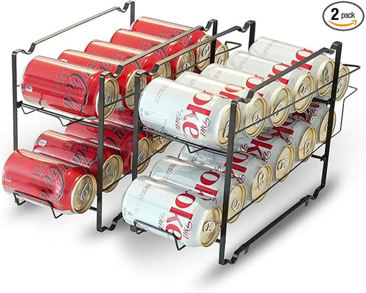DINEST 2-Pack Stackable Soda Can Organizer - Rust Resistant Rack Dispenser for 24 Cans - Easy Assembly, Great Storage for Refrigerator, Pantry, and Cabinets in Sleek Black Design