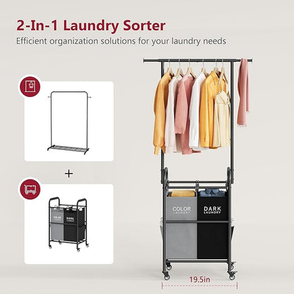 Tajsoon Laundry Sorter with Hanging Bar, 2 Section Laundry Hamper with Lockable Wheels and Removable Bag, Black & Gray