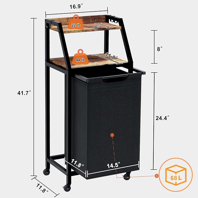 Timberer Laundry Hamper, Laundry Sorter, Rolling Laundry Basket with Wheels, 2 Shelves, 18 Gal(68L), Pull-Out and Removable Oxford Fabric Bags, for Laundry Room, Black and Rustic Brown