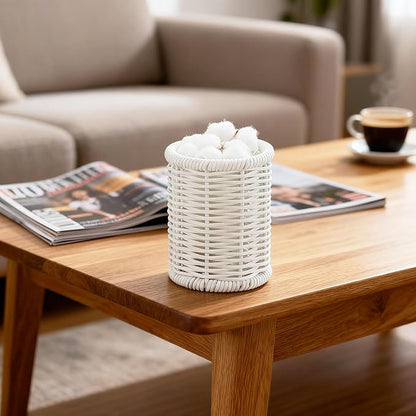 Rattan Jars, Rattan Desk Organizer, Bathroom Essentials Accessories Decor, Vanity Makeup Storage Organizer, for Cotton Balls, Pads, Floss Picks-Minimalist Decor , White(DP053)