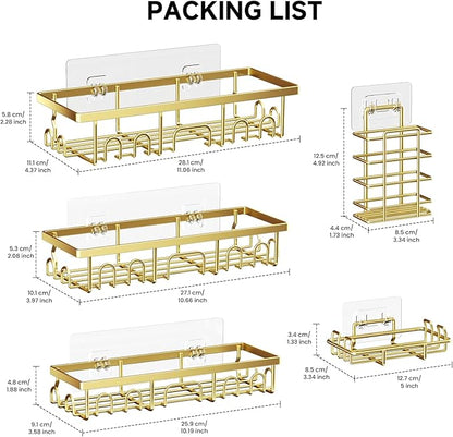 Shower Caddy, 5 Pack Shower Shelves for Inside Bathroom, Rustproof Adhesive Bathroom Organizer with Soap Holder, No Drilling Washroom Organizers and Storage for Bathtub Room/Kitchen/Home, Gold