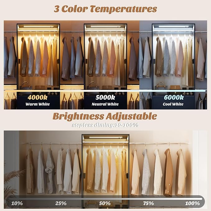 Aheaplus Closet System with Motion-Sensing Light, 3 Wooden Drawers and 4 Hanging Rods, Customizable Walk-in Closet Organizer with 3CCT LED, Heavy Duty Garment Rack for Bedroom,Black
