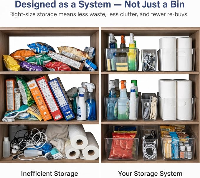 MOONEDGE Set of 12 Clear Plastic Storage Organizer Bins – 4 Large and 8 Small Nestable Space-Saving System for Under-Sink, Bathroom, Kitchen, Fridge & Cabinet Organization