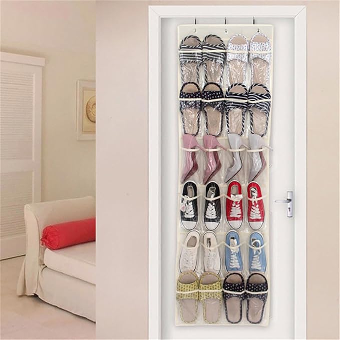 24 Pockets Over The Door Shoe Organzier, Hanging Shoe Rack for Door Large Capacity Shoe Organizer Holder with 3 Metal Hooks Black