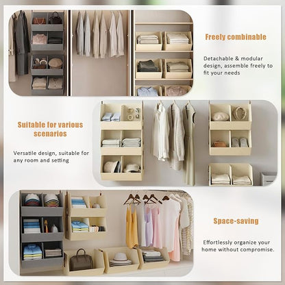 3-Tier Hanging Closet Organizer, Extra Large Fabric Closet Shelves with Zipper, Foldable Closet Storage Organizer for Clothes, Handbags, Socks, Underwear, Dorm Room and RV, Beige - 2 Pack